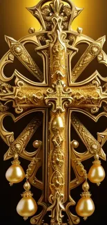Intricate golden cross with ornate design against dark background.