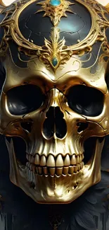 Golden skull with intricate details on a decorative gothic wallpaper.