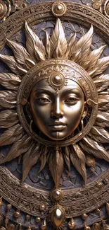 Intricate gold sun face with ornate design elements.