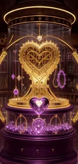 Golden ornate heart in glass dome with purple glow in a mystical setting.