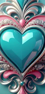Ornate turquoise heart design with elegant details.