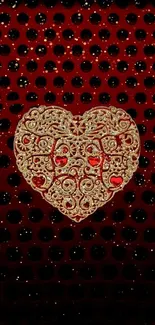 Golden ornate heart on dark red background with black dotted texture.