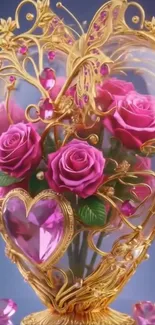 Ornate heart with pink roses and gold accents.