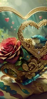 Ornate heart with rose and bird design, elegant gold and nature elements.