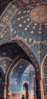 Intricate Islamic archway with blue tiles.