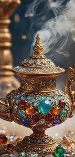 Ornate jewel-encrusted teapot with colorful gemstones.