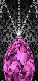 Purple gemstone pendant on ornate black wallpaper.