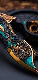 Intricately designed ornate knife with gold and turquoise details.