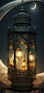 Ornate lantern in front of crescent moon and stars on a mobile wallpaper.