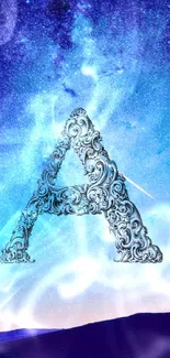 Ornate letter A against a starry night sky.