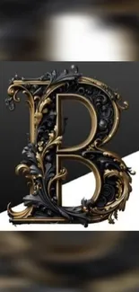 Ornate gold and black letter B on elegant background.