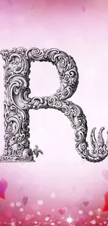 Ornate letter R with pink hearts on mobile wallpaper.