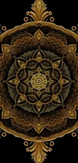 Golden ornate mandala art wallpaper on dark background.