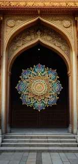 Intricate mandala at a temple entrance with gold ornate details.