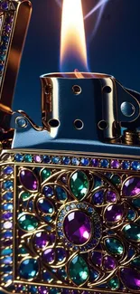 Luxurious ornate lighter with jewel design and flame, against a blue background.