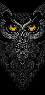 Intricate owl design with glowing eyes on a black background.