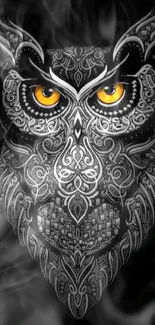 Intricate owl design with glowing yellow eyes on a black background.