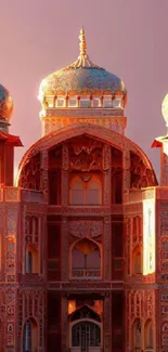 Ornate palace bathed in sunset light, showcasing vibrant domes and intricate details.