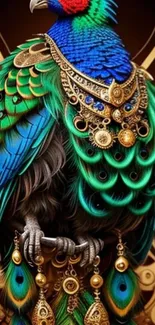 Ornate peacock with jeweled feathers on wallpaper.