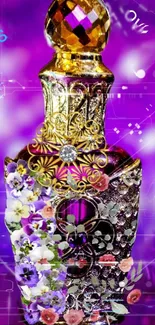 Ornate perfume bottle with purple floral art on a vibrant wallpaper.