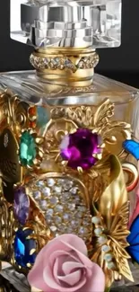 Ornately designed perfume bottle with jewels and butterfly motifs.