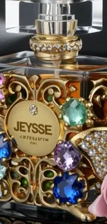Ornate perfume bottle with colorful jewels and a gold design.