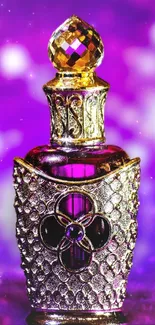 Luxurious ornate perfume bottle on a vivid purple background.