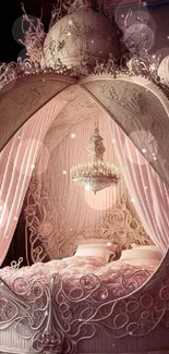 Ornate pink fantasy bed with intricate design features a lavish and dreamy setting.