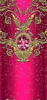 Pink and gold ornate wallpaper with central gemstone feature.