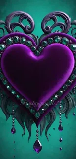 Ornate purple heart with gems and teal background.