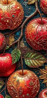 Intricately designed red apples on a dark background wallpaper.