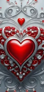 Ornate red heart with silver details on wallpaper.