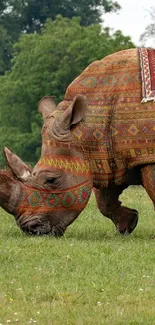 Decorative rhino grazing on lush green grass, adorned with colorful patterns.