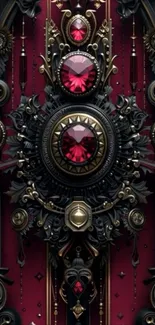 Ornate design with ruby gemstone centerpiece on wallpaper.