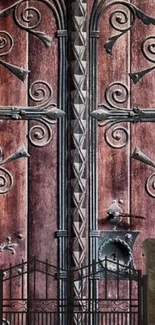 Intricate rustic door with ornate ironwork design, ideal for mobile wallpaper.