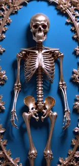 Gold skeleton on blue background in ornate floral frame.