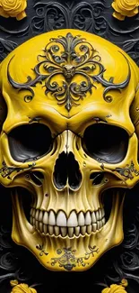 Ornately designed yellow skull art wallpaper for mobile phones.