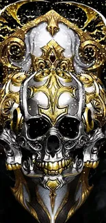 Intricate gold and silver ornate skull wallpaper for mobile devices.