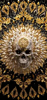 Ornate skull mandala with gold and black pattern on a mobile wallpaper.