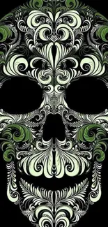 Intricate ornate skull design on black background mobile wallpaper.