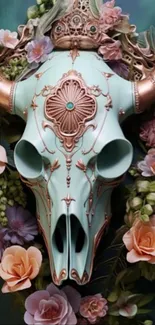 Ornate teal skull with floral decorations.