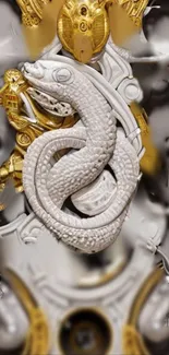 Intricate white snake with gold accents mobile wallpaper.