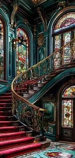 Elegant staircase with stained glass windows and golden railings.