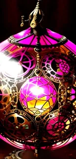 Vibrant steampunk globe with gears and pink glow.