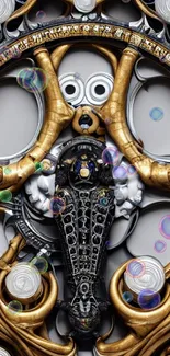 Intricate steampunk design with metallic gold and silver elements for phone wallpaper.