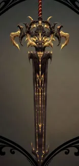 Intricately designed fantasy sword with gold accents on a mobile wallpaper.