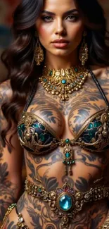 Tattooed woman with ornate jewelry and intricate design