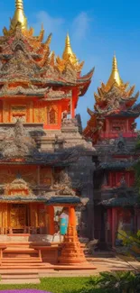 Ornate temple with golden rooftops under a bright blue sky.