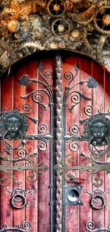 Intricate vintage door with ornate details and gear accents for mobile wallpaper.