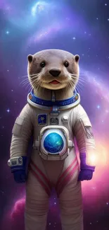 Whimsical otter astronaut in space suit with vibrant cosmic background.